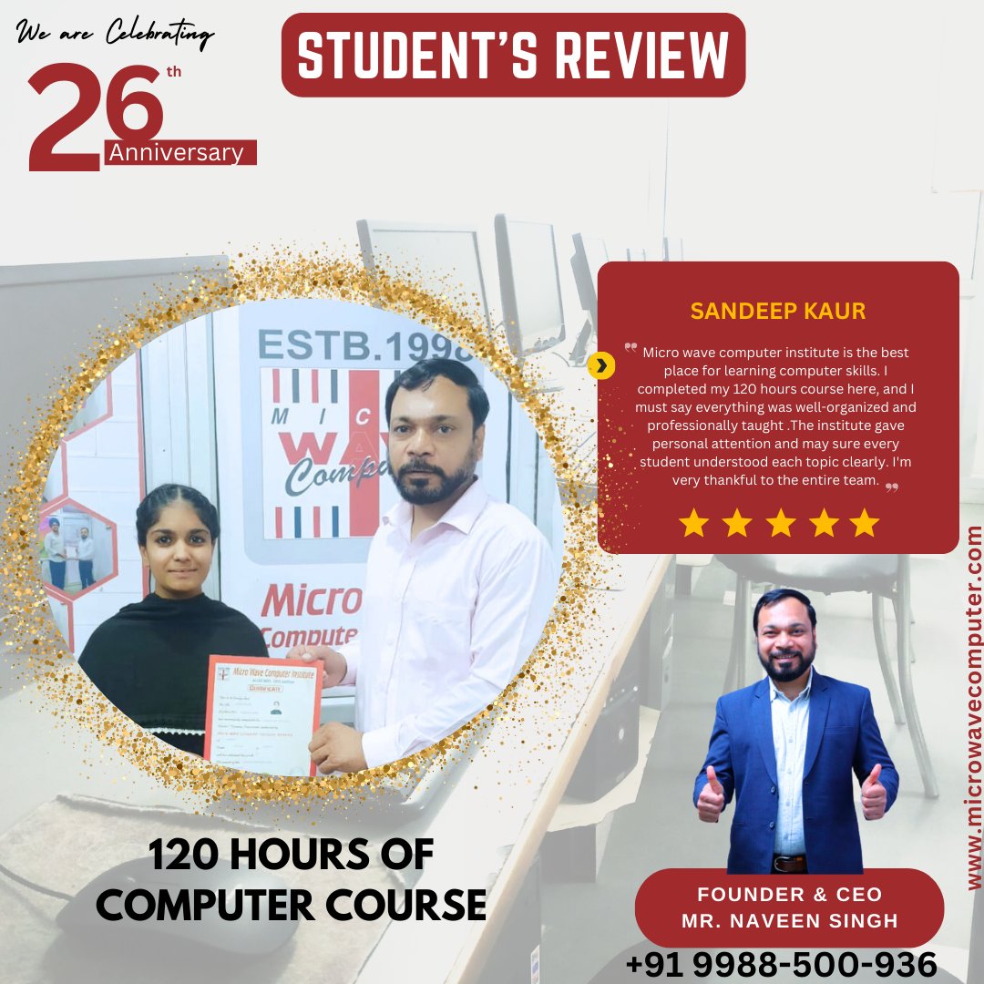 mwc_98's tweet image. 🎊 Congratulations, Sandeep Kaur!
 🖥️120 hours of effort turned into a milestone of success.
 ✨The beginning of limitless opportunities ahead!

#learncomputerskills #beginnerfriendly #120hourscompleted #success #BrightFutures #JobReady #LearnAndGrow #microwavecomputer #khanna