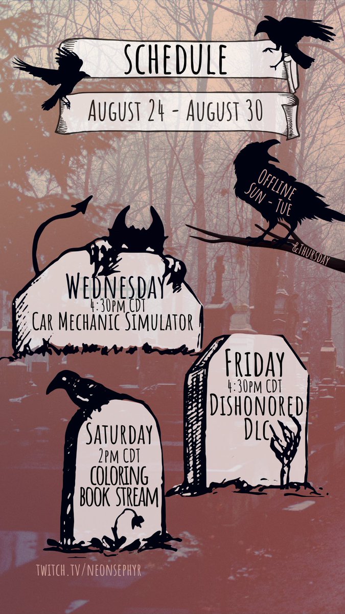 The schedule for the week!
Switching to Wednesday this week~
Saturday will be a Coloring Book Stream! We reached the community goal, and I'm super excited to just sit and color😌
twitch.tv/neonsephyr