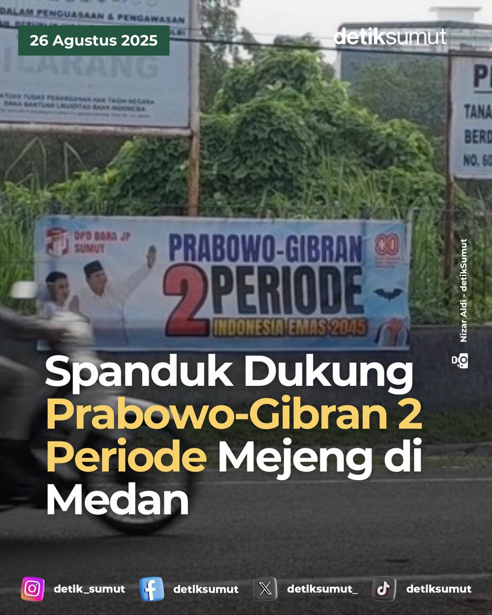 detiksumut_'s tweet image. UDAH DISURUH 2 PERIODE AJA

Spanduk bernarasikan dukungan ke Prabowo-Gibran untuk maju 2 periode muncul di Sumut. Spanduk itu dipasang oleh Barisan Relawan Jokowi Presiden (Bara JP).

dtk.id/NmweLW

#Prabowo #Gibran #Spanduk #PrabowoGibran #BaraJP #SumateraUtara #Medan