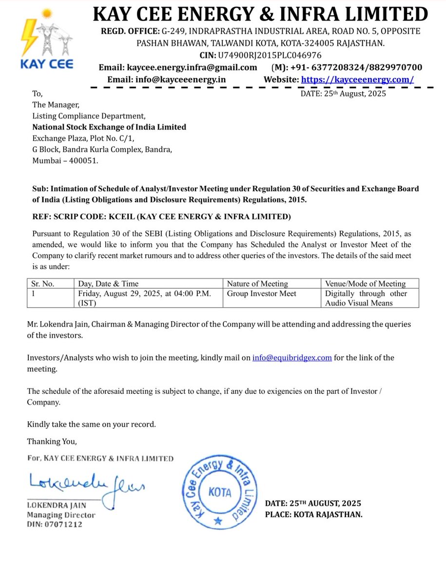 #KayCeeEnergy MD Mr. Lokendra Jain to address investor queries &amp; clarify recent market rumours on 29th Aug