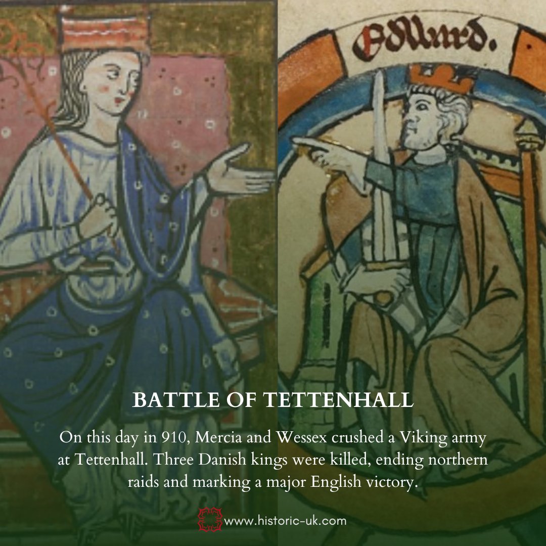 #OnThisDay in 910, the Battle of Tettenhall took place. It was the last major Danish army to raid England for nearly a century. The Northumbrian Danes were subdued, with three of their kings - Ingwær, Eowils and Halfdan - killed in the battle.