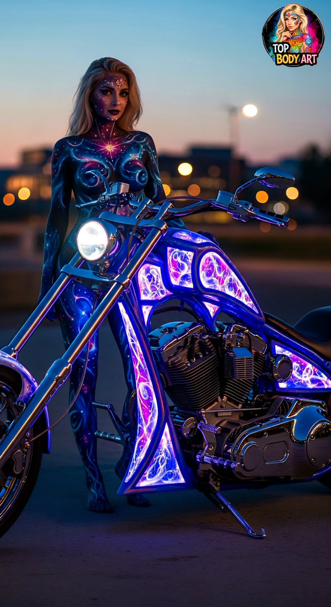 Glowing Nebula custom chopper motorcycle and a galaxy art body painted woman. 🌌