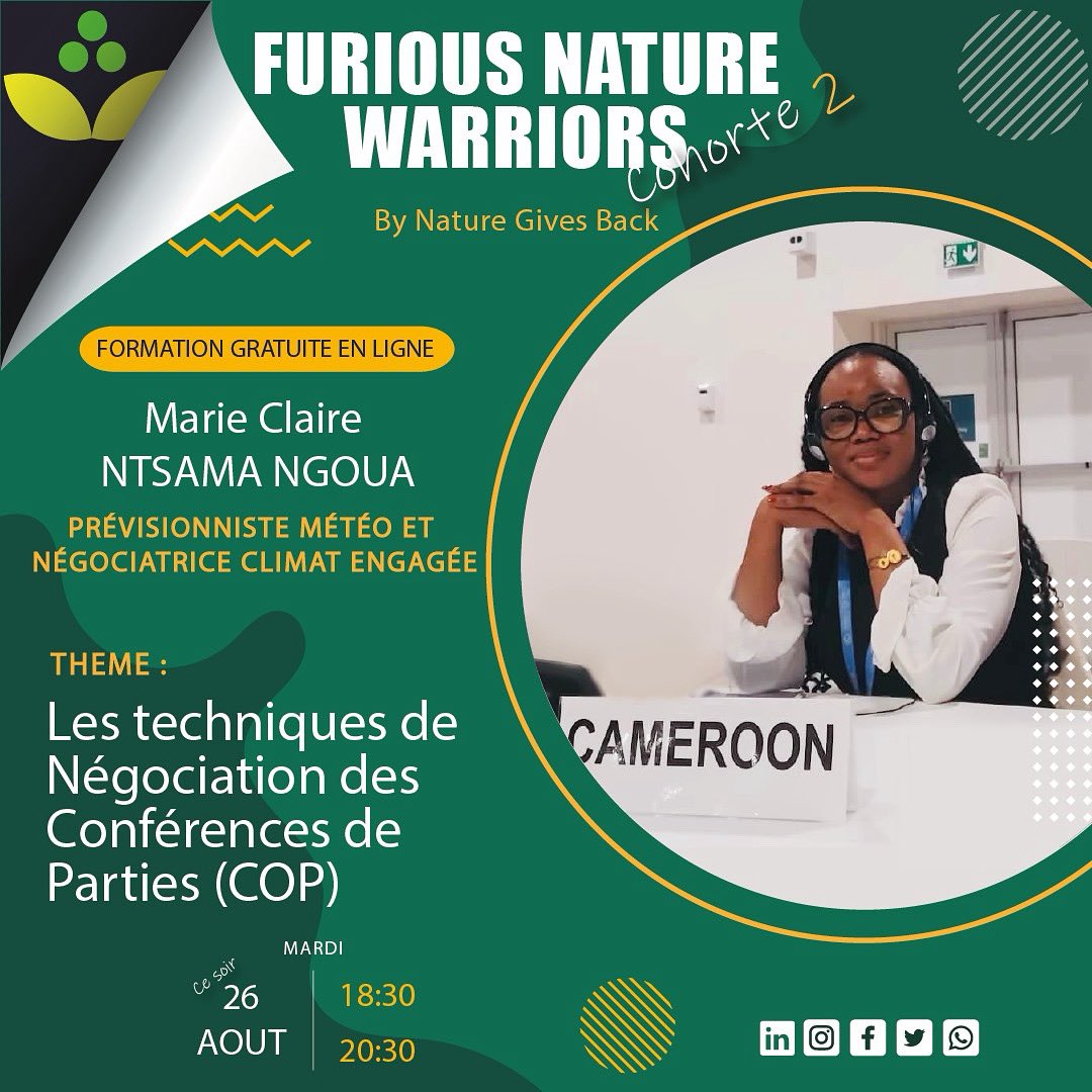 𝐌𝐚𝐫𝐢𝐞 𝐂𝐥𝐚𝐢𝐫𝐞 𝐍𝐭𝐬𝐚𝐦𝐚 𝐍𝐆𝐎𝐔𝐀 is a weather forecaster and committed climate negotiator.  𝐍𝐞𝐠𝐨𝐭𝐢𝐚𝐭𝐢𝐨𝐧 𝐓𝐞𝐜𝐡𝐧𝐢𝐪𝐮𝐞𝐬 𝐨𝐟 𝐭𝐡𝐞 𝐂𝐨𝐧𝐟𝐞𝐫𝐞𝐧𝐜𝐞𝐬 𝐨𝐟 𝐏𝐚𝐫𝐭𝐢𝐞𝐬
#furiousnaturewarriors
#climateaction
#naturegivesback