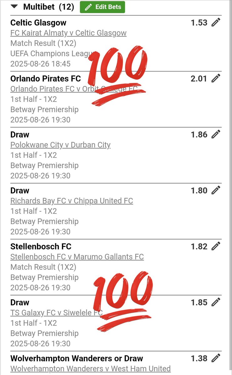 BetwayCode43687's tweet image. BWD1D84BF
1st Half DRAW and Straight wins💪🔥😉
use old betway app🙏
#betway 
#betwaslips