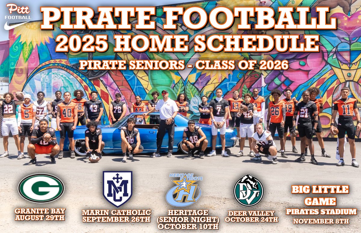 You’re up Class of 2026! Keep an eye out for this Home Schedule/Senior poster at your local businesses and digital billboards. The season is here &amp; the Pirates kickoff the season this Friday at home against Granite Bay. See you there Pittsburg!!!! #ramPITTup 🏴‍☠️🏈🅿️🌎🏈🏴‍☠️