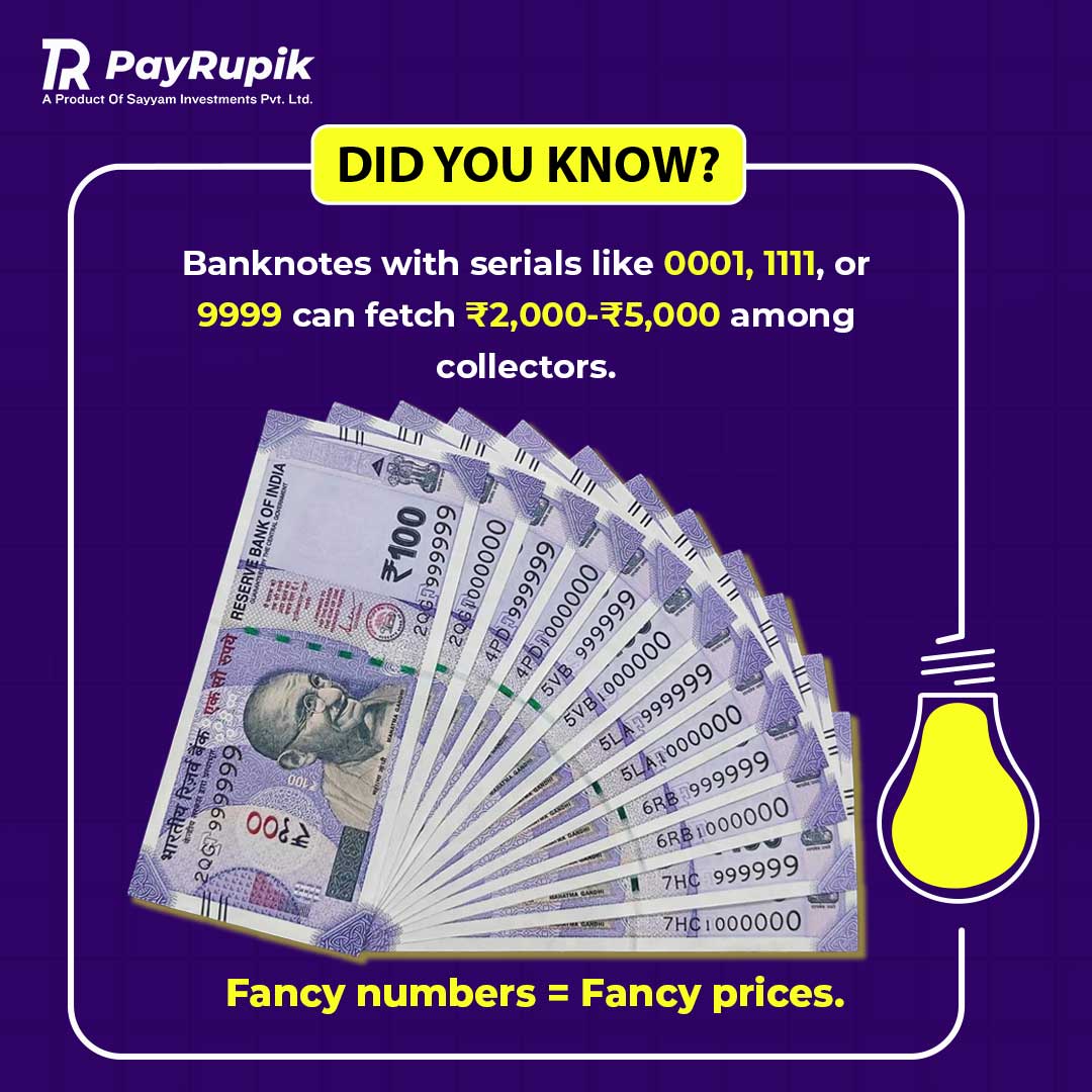 Did you know? Some banknotes aren’t just money—they’re collectibles! Notes with special serial numbers like 0001, 1111, or 9999 can fetch way more than their printed value. 🎉

#payrupik 
#didyouknow #moneyfacts #rupeenotes #funfinance #moneycollectors #rarenotes #fancynumbers