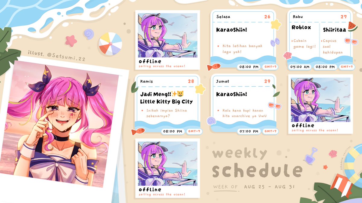 Shiina Asherah (4i7) | Sirius no Shinzou COVER (@shiinaasherah) on Twitter photo Ohayou KoaliShii~✨✨💜
Omatasee!!
Ini weekly schedule Shiina untuk Minggu ini yaa~~
Kita nyantai dulu yaa untuk minggu ini!!
Mungkin bakal ada guerilla juga? kita lihat nanti ya!
Shiina nantikan kedatangan kalian yaa~ (人´∀`)。゚✨✨💜💜
🎨: <a href="/setsumi_22/">Rotten Potato</a> Ohayou KoaliShii~✨✨💜
Omatasee!!
Ini weekly schedule Shiina untuk Minggu ini yaa~~
Kita nyantai dulu yaa untuk minggu ini!!
Mungkin bakal ada guerilla juga? kita lihat nanti ya!
Shiina nantikan kedatangan kalian yaa~ (人´∀`)。゚✨✨💜💜
🎨: <a href="/setsumi_22/">Rotten Potato</a>