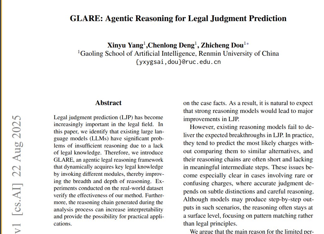 GLARE lets a model fetch missing legal knowledge as it reasons, making legal judgment prediction far more reliable. 

On tough cases, it lifts F1 by over 10% versus direct reasoning and over 5% versus simple retrieval.

Plain LLMs guess the nearest charge, skip comparing