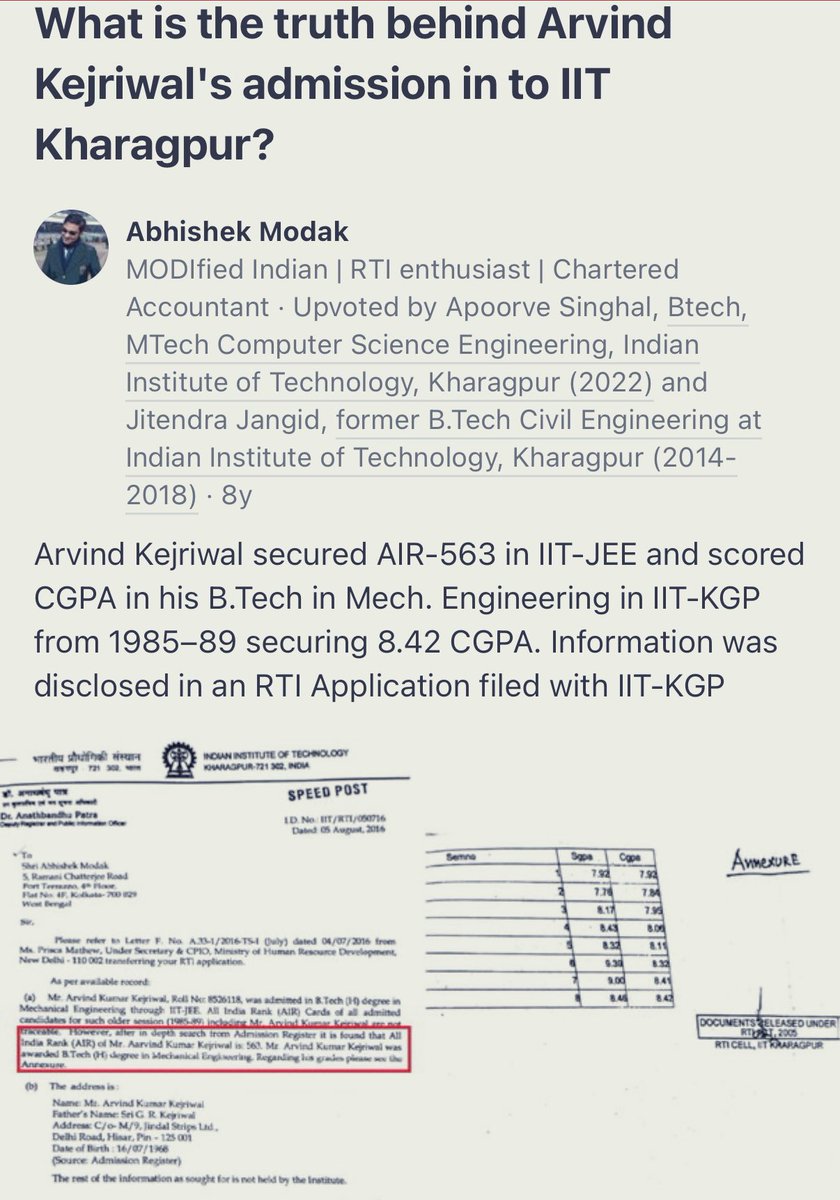 churumuri (@churumuri) on Twitter photo Different strokes for different folks.
In 2016, a "MODIfied Indian" filed an RTI with HRD ministry to dig into <a href="/ArvindKejriwal/">Arvind Kejriwal</a>'s admission into IIT.
In its reply, IIT Kharagpur revealed his all India rank in JEE (563), and provided his CGPA score (8.42) in an annexure. Different strokes for different folks.
In 2016, a "MODIfied Indian" filed an RTI with HRD ministry to dig into <a href="/ArvindKejriwal/">Arvind Kejriwal</a>'s admission into IIT.
In its reply, IIT Kharagpur revealed his all India rank in JEE (563), and provided his CGPA score (8.42) in an annexure.