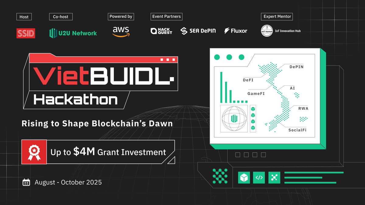 GM builders!

Introducing VietBUIDL Hackathon – the biggest Hackathon in Southeast Asia with a record-breaking $4M prize pool

Hosted by <a href="/SSID_Digital/">SSID_Digital</a>, co-hosted by U2U Network, and powered by AWS - with <a href="/HackQuest_/">HackQuest</a>, <a href="/fluxor_/">Fluxor.io | We Are Hiring!</a>, and <a href="/SEADePIN/">SEA DePIN</a> as event partners, and IoT Innovation
