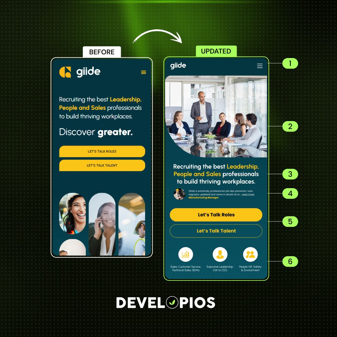 DevelopiosA's tweet image. 𝐁𝐞𝐟𝐨𝐫𝐞 &amp;amp; 𝐀𝐟𝐭𝐞𝐫: Giide Website
✅ Stronger brand presence
✅ Engaging hero image
✅ Clear CTAs
✅ Social proof that builds trust

Small changes, big impact
📩 Free website audit? cro@developios.com

#developios #croaudit #webdesign #uxdesign