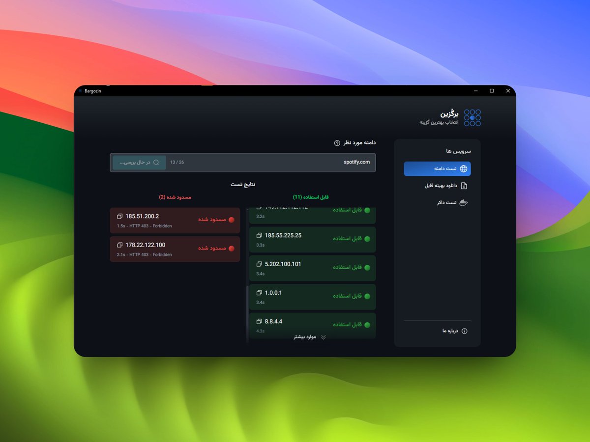 برگزین یه ابزار متن‌باز و رایگان برای تست DNS و شبکه هست، که دسترسی به آدرس‌ها، سرعت دانلود و رجیستری‌های داکر در بین سرورهای مختلف DNS رو بررسی میکنه.
این‌ابزار که برای ویندوز، لینوکس و مک‌اواس منتشر شده و به کمک اون می‌تونین امکان دسترسی به وب‌سایت یا سرویس موردنظرتون رو از