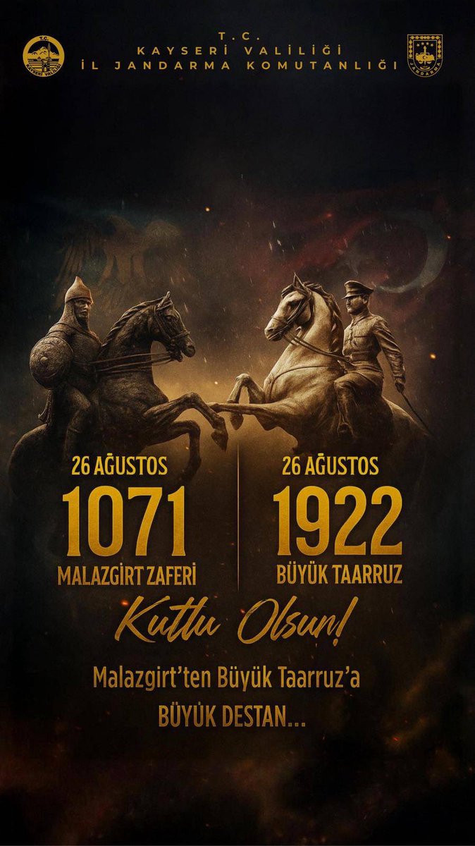 🇹🇷 26 Ağustos 1071 Malazgirt Zaferi’nden, 26 Ağustos 1922 Büyük Taarruz’a uzanan şanlı destanın yıl dönümünde; Sultan Alparslan’dan Gazi Mustafa Kemal Atatürk’e tüm kahramanlarımızı rahmet, minnet ve saygıyla anıyoruz!