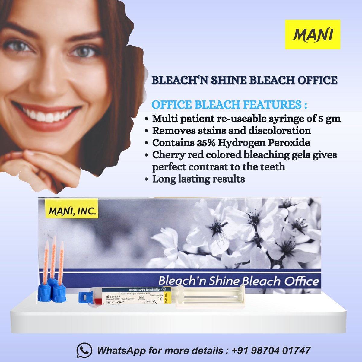 ManiMedicalInd's tweet photo. Smile Bright &amp; Confident with 𝐌𝐀𝐍𝐈 

👉𝐁𝐥𝐞𝐚𝐜𝐡’𝐧 𝐒𝐡𝐢𝐧𝐞 (𝐁𝐥𝐞𝐚𝐜𝐡 𝐎𝐟𝐟𝐢𝐜𝐞)
👉𝐆𝐢𝐧𝐠𝐢𝐯𝐚 𝐏𝐫𝐨𝐭𝐞𝐜𝐭𝐨𝐫
👉𝐀𝐟𝐭𝐞𝐫 𝐁𝐥𝐞𝐚𝐜𝐡 𝐜𝐚𝐫𝐞

Contact Team MANI to learn more!📲

#MANI #BleachNShine #TeethWhitenining #TeethBleaching #OfficeBleach https://t.co/9trFIG6l9R