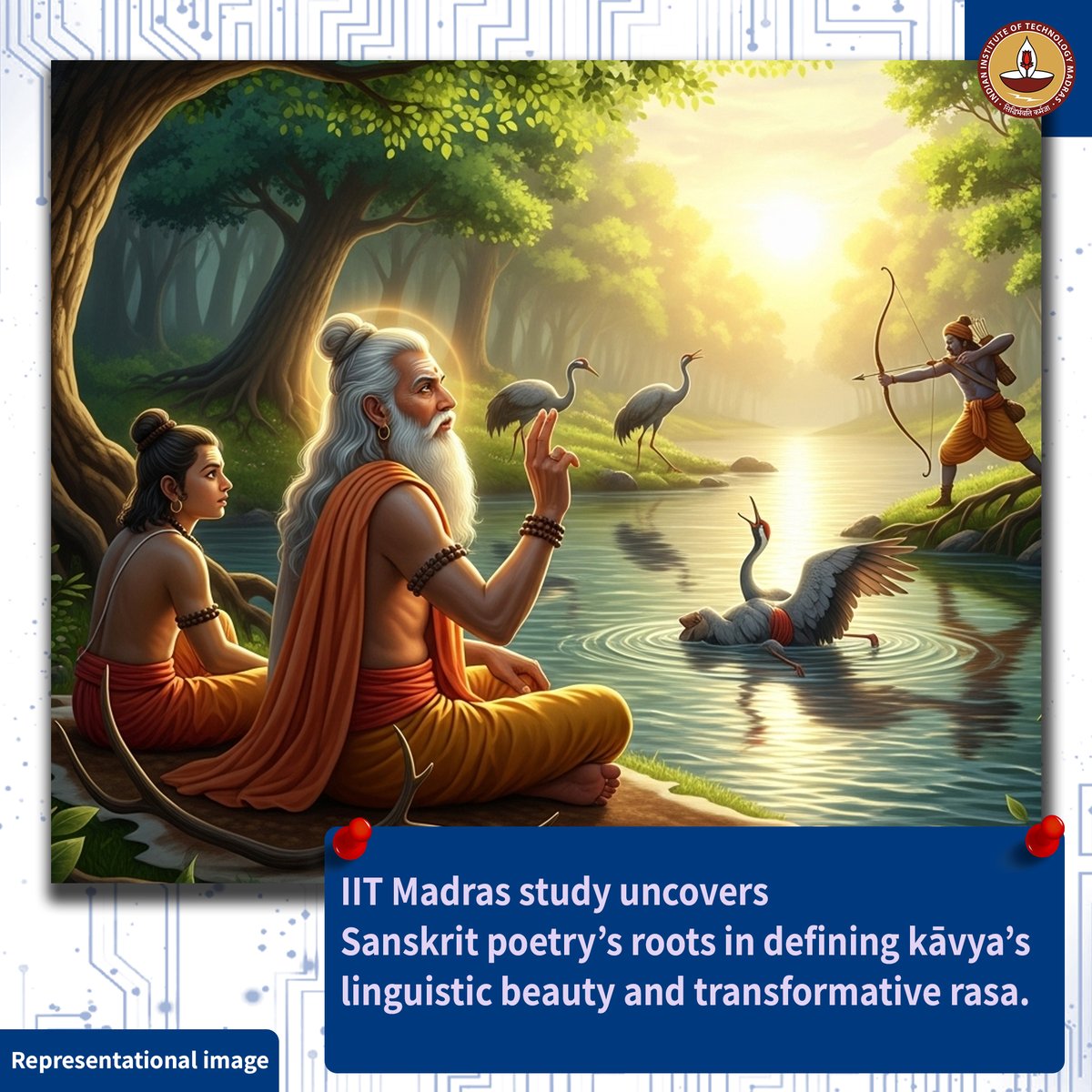 iitmadras's tweet image. #TechTuesday The origins of Sanskrit poetry trace back to a moment of grief. Sage Vālmīki, moved by the sight of a hunter killing one of a mating pair of birds, voiced his sorrow (śoka) in verse — the first poetic śloka. This accidental utterance gave birth to kāvya.

In his…