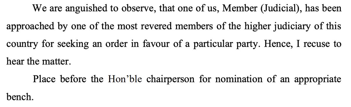 NCLAT Chennai Judicial Member Justice Sharad Kumar Sharma recused himself from hearing a case, recording in his order that he was approached by “one of the most revered members of the higher judiciary” seeking a favourable order for a party.
