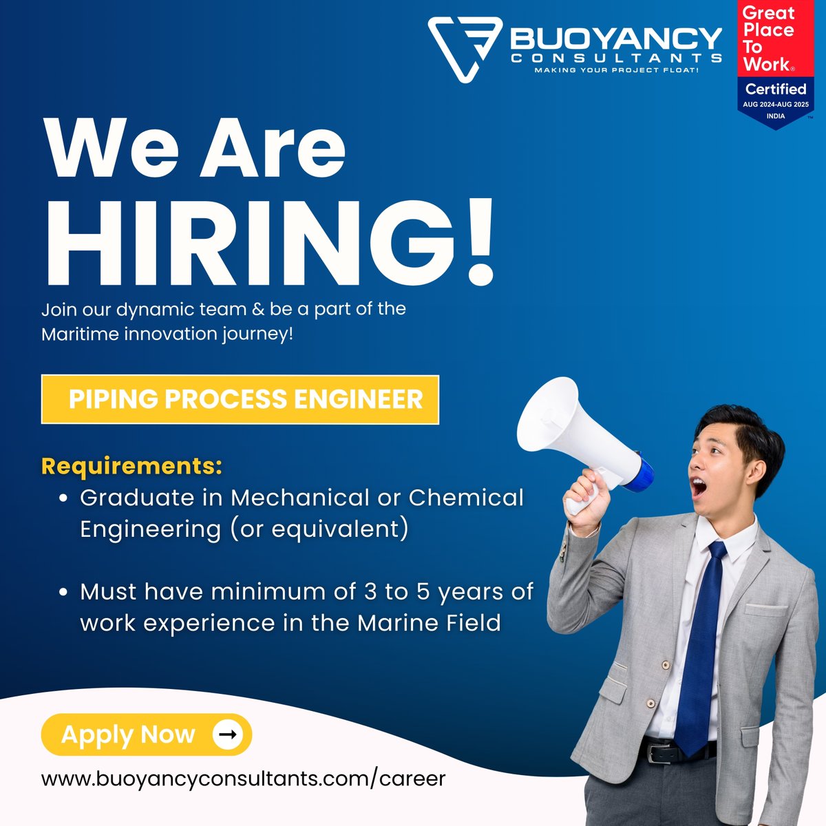 Buoyancytweet's tweet image. We’re Hiring!
Buoyancy Consultants is on the lookout for a Piping Process Engineer to join our dynamic team &amp;amp; be a part of the Maritime innovation journey!
📩 Apply now at: jobso.id/obuk
 
#WeAreHiring #MarineEngineering #PipingEngineer #ShipDesign #BuoyancyConsultants
