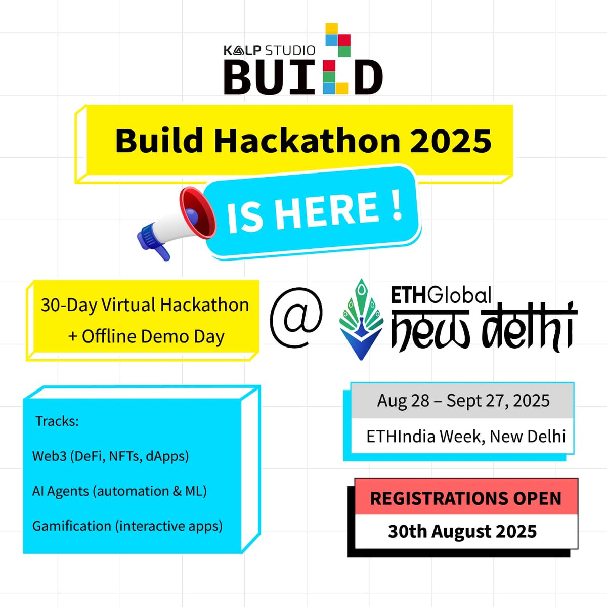 REGISTRATIONS LIVE 

🛠️ Build Hackathon 2025 → the ultimate builder playground.

🌐 30 days of hacking
🎤 Top 10 teams → live Demo Day, Sept 27 in New Delhi (ETHIndia week)

🔹 Tracks: Web3 | AI Agents | GameFi

✅ Register now &amp; start building: build.kalp.studio/events/hackath…

#BUIDL