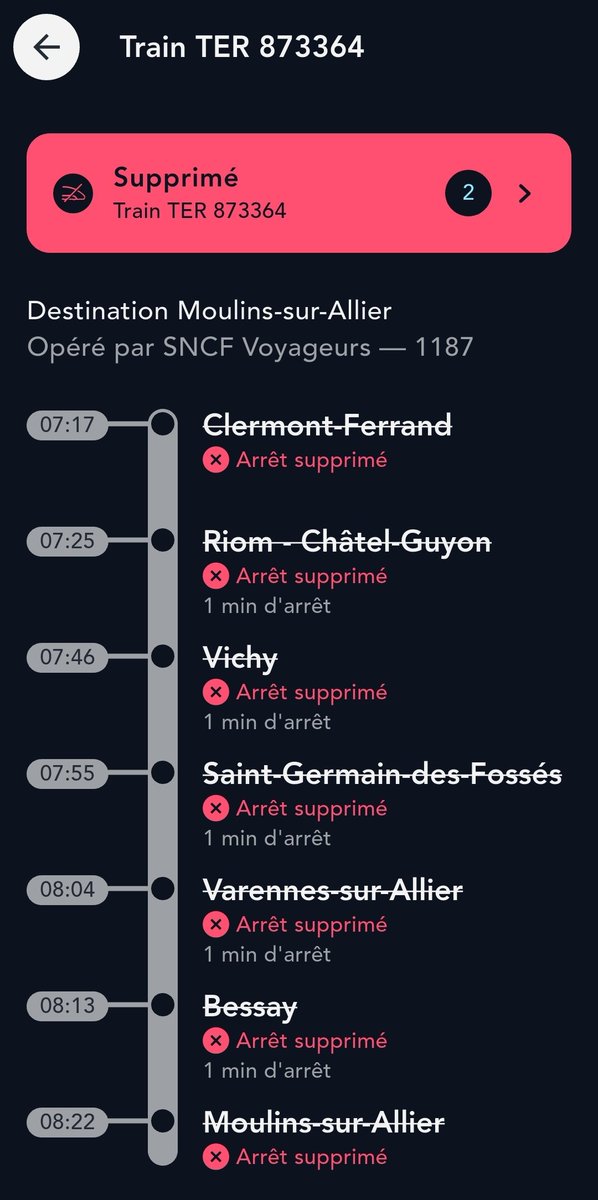 Usagers des Trains d'Auvergne (@trainsauvergne) on Twitter photo ❌ Le train <a href="/SNCFTERAURA/">SNCF TER AURA</a> 873357 Moulins sur Allier 5h59 ➡️ Clermont Fd 7h01 fut supprimé
Motif : Indisponibilité du matériel
❌ Le train <a href="/SNCFTERAURA/">SNCF TER AURA</a> 873364 ClermontnFd 7h17 ➡️ Moulins sur Allier 8h22 est supprimé
Motif : Indisponibilité du matériel ❌ Le train <a href="/SNCFTERAURA/">SNCF TER AURA</a> 873357 Moulins sur Allier 5h59 ➡️ Clermont Fd 7h01 fut supprimé
Motif : Indisponibilité du matériel
❌ Le train <a href="/SNCFTERAURA/">SNCF TER AURA</a> 873364 ClermontnFd 7h17 ➡️ Moulins sur Allier 8h22 est supprimé
Motif : Indisponibilité du matériel