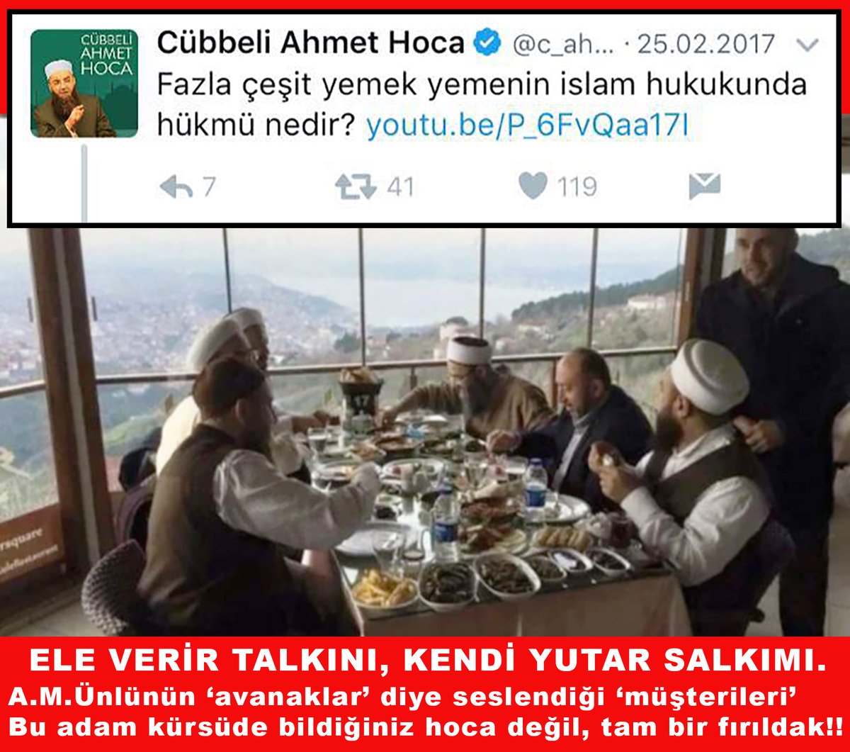 Cübbeli Ahmet Hoca kod adlı BÖLÜCÜnün elebaşı olduğu Cübbeli Ahmet Terör Örgütü {CATÖ} kahvaltıda!! Tabi HAYDER VE LALEGÜL HOLDİNGin paralarını yerken, arada birilerinede koklatmak lazım!! Kürsüden de 'avanak' adlı 'müşterileri' afyonlaki soyguna devam edebilesin!! Sen var ya Sen