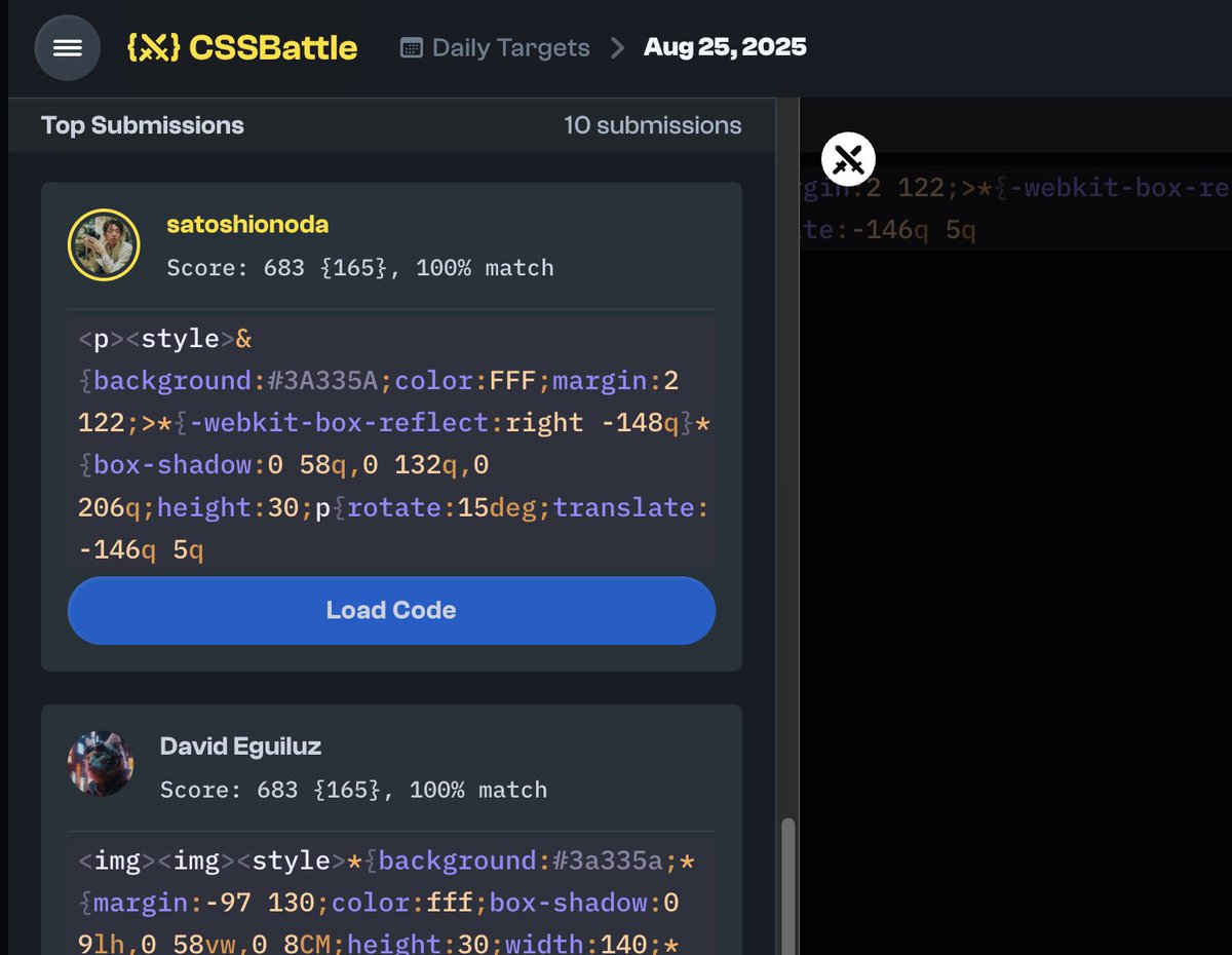 satoshionoda's tweet image. やったー。ついにCSS BattleでDaily Top10入り!
{⚔️} Day 22 of #CSSBattleDaily streak: Aug 25 — 683 score / 165 chars cssbattle.dev/play/LiUDbxhA7… @css_battleより