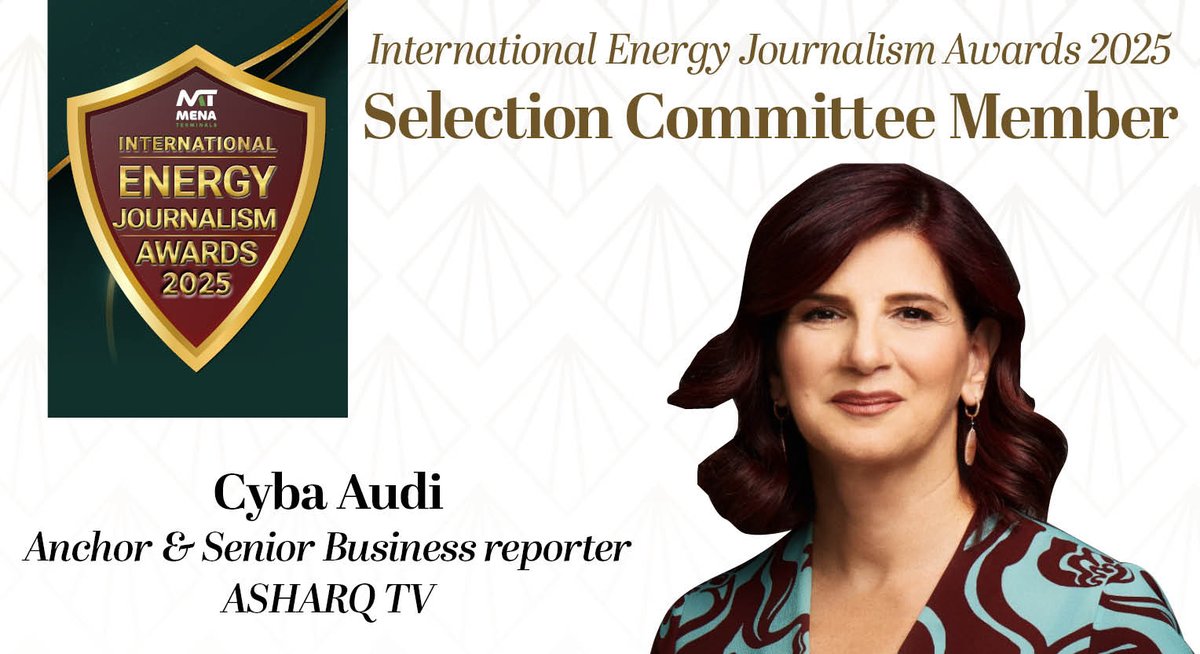 5th MENA Terminals Fujairah International Energy Journalism Awards 2025 Selection Committee Member -
<a href="/cybaaudi/">cyba audi</a>, Anchor &amp; Senior Business Reporter, <a href="/AsharqNews/">Asharq News الشرق للأخبار</a>

Register to attend Fujairah Energy Markets Forum 2025 (Oct. 1-2) on this link 👉 lnkd.in/d3Me-dXD

#IEJA2025