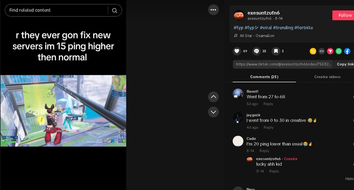 ItBumpy's tweet image. This game fucking sucks i use to get 18/20ping for over a month now since that shitty ass update now im 50ping in creative 50+ Tiktoks talking about it

Ever since the last update of the last season