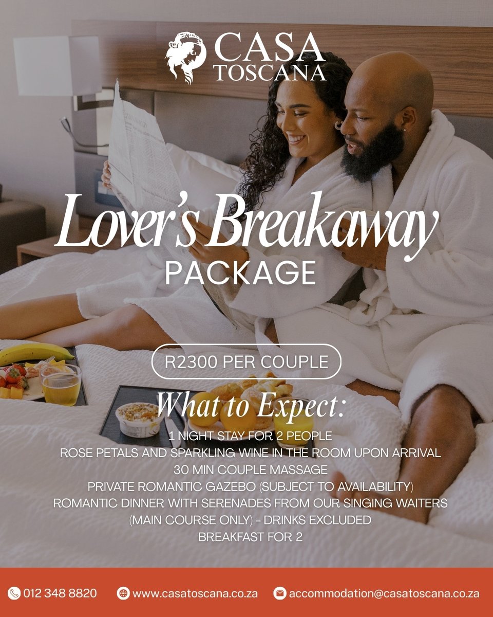 💞 Escape the hustle &amp; spoil your love with our Lovers Breakaway at Casa Toscana. Quiet moments, pampering &amp; pure bliss await.

✨ Book now 👉 bit.ly/3GWNJKY

#LoversBreakaway #CasaToscana #RomanticEscape #CouplesRetreat #PretoriaGetaway #LoveAndLuxury