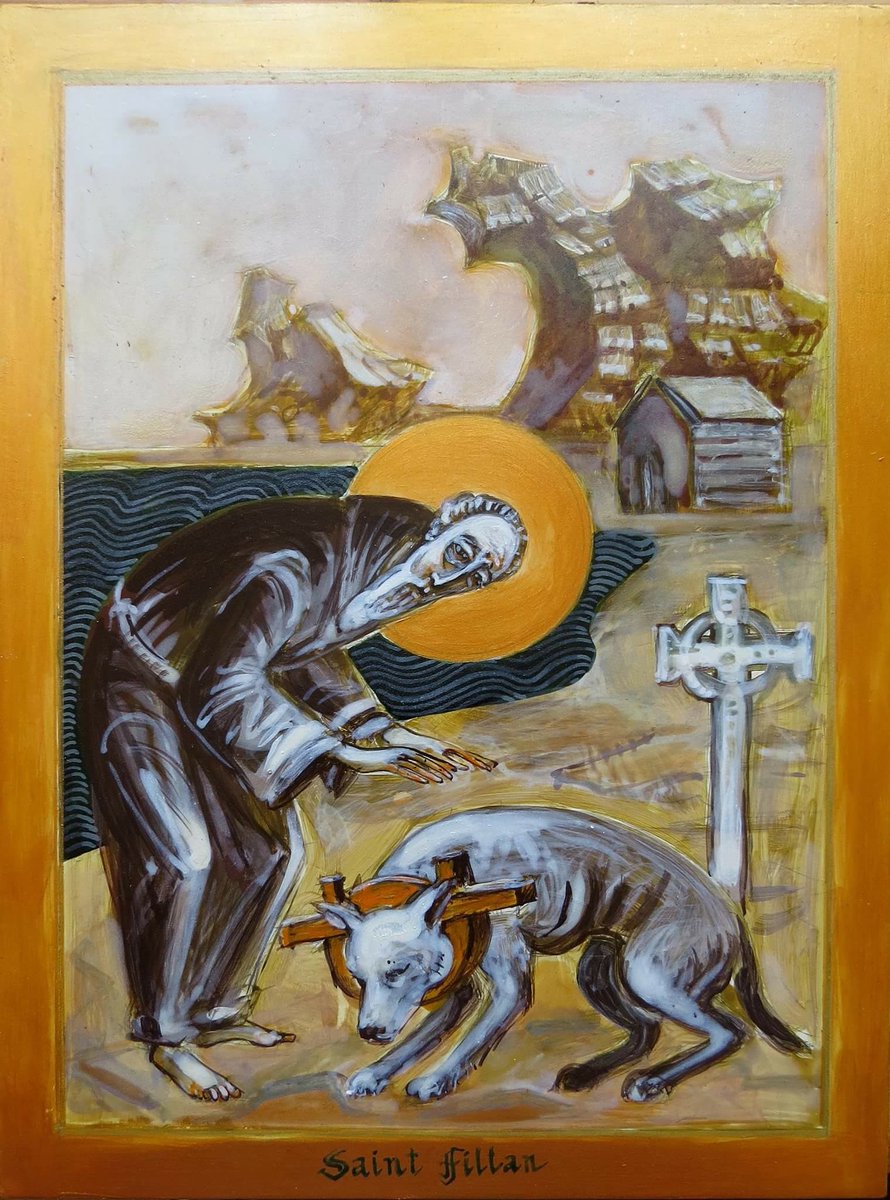 lorraineelizab6's tweet image. It is said that while Irish St Fillan of Strathfillan, Scotland (Feast 26 Aug, 9 Jan), was ploughing a field his ox was killed by a wolf! He miraculously persuaded it to take the place of the ox &amp;amp; pull the plough! Interesting that Fillan probably means “little wolf” in Irish!🐺😇