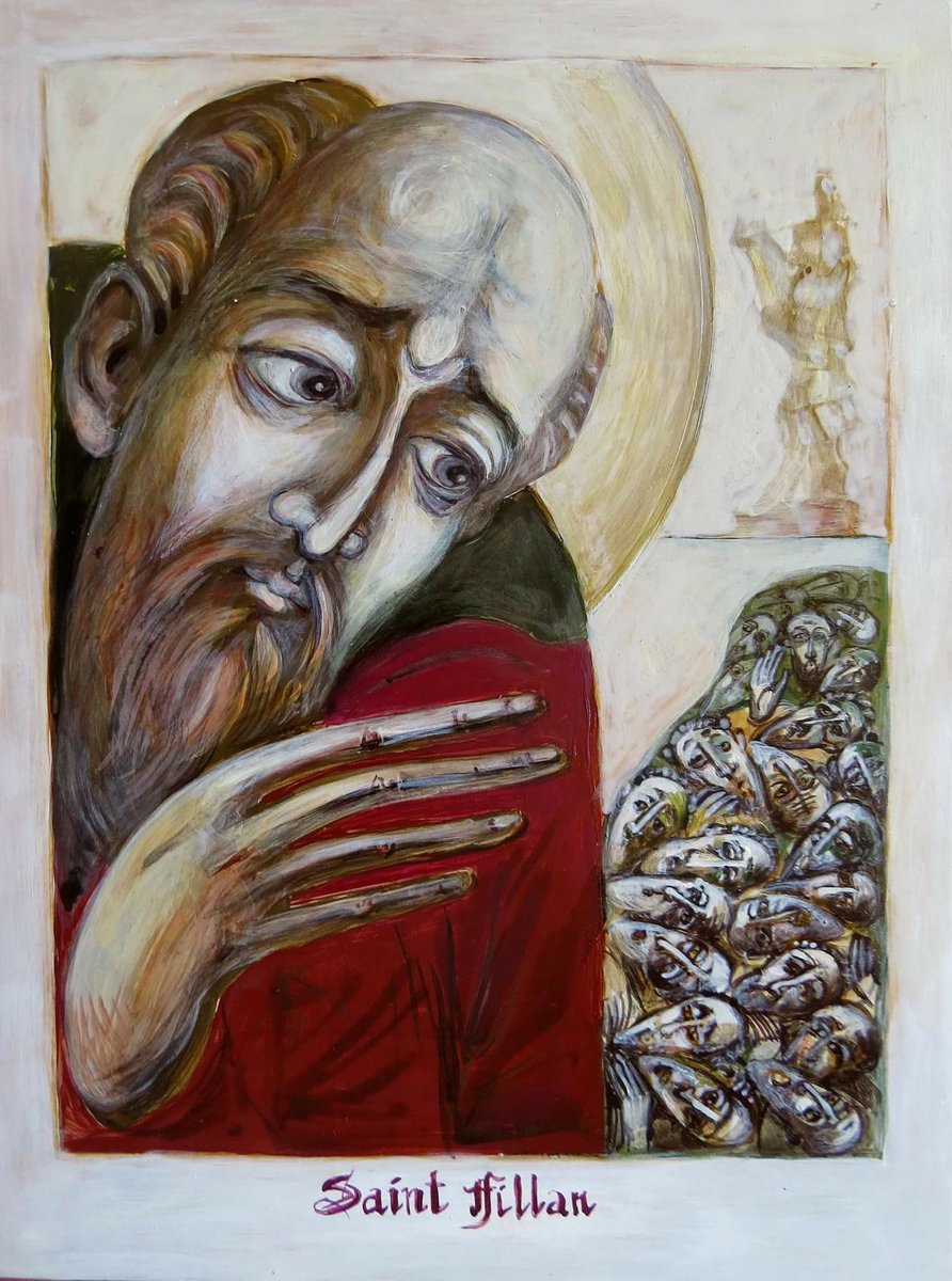 lorraineelizab6's tweet image. It is said that while Irish St Fillan of Strathfillan, Scotland (Feast 26 Aug, 9 Jan), was ploughing a field his ox was killed by a wolf! He miraculously persuaded it to take the place of the ox &amp;amp; pull the plough! Interesting that Fillan probably means “little wolf” in Irish!🐺😇