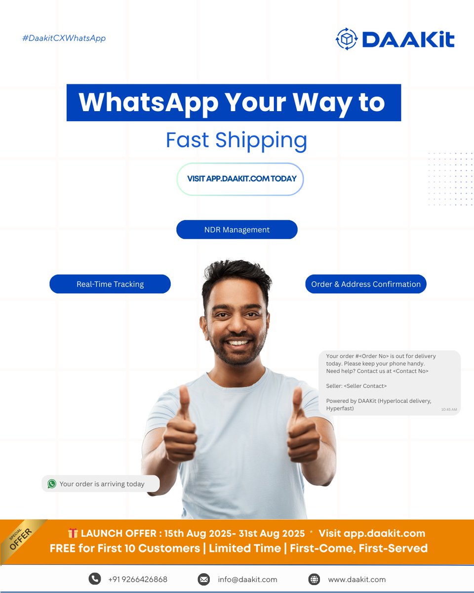 daakit's tweet image. DAAKit streamlines your deliveries with order confirmation, real-time tracking, and WhatsApp updates—all in one platform. Reduce failures and keep your customers satisfied at app.daakit.com.
.
#HyperlocalDelivery #CustomerExperiance #Whatsapp #Notification #FastShipping