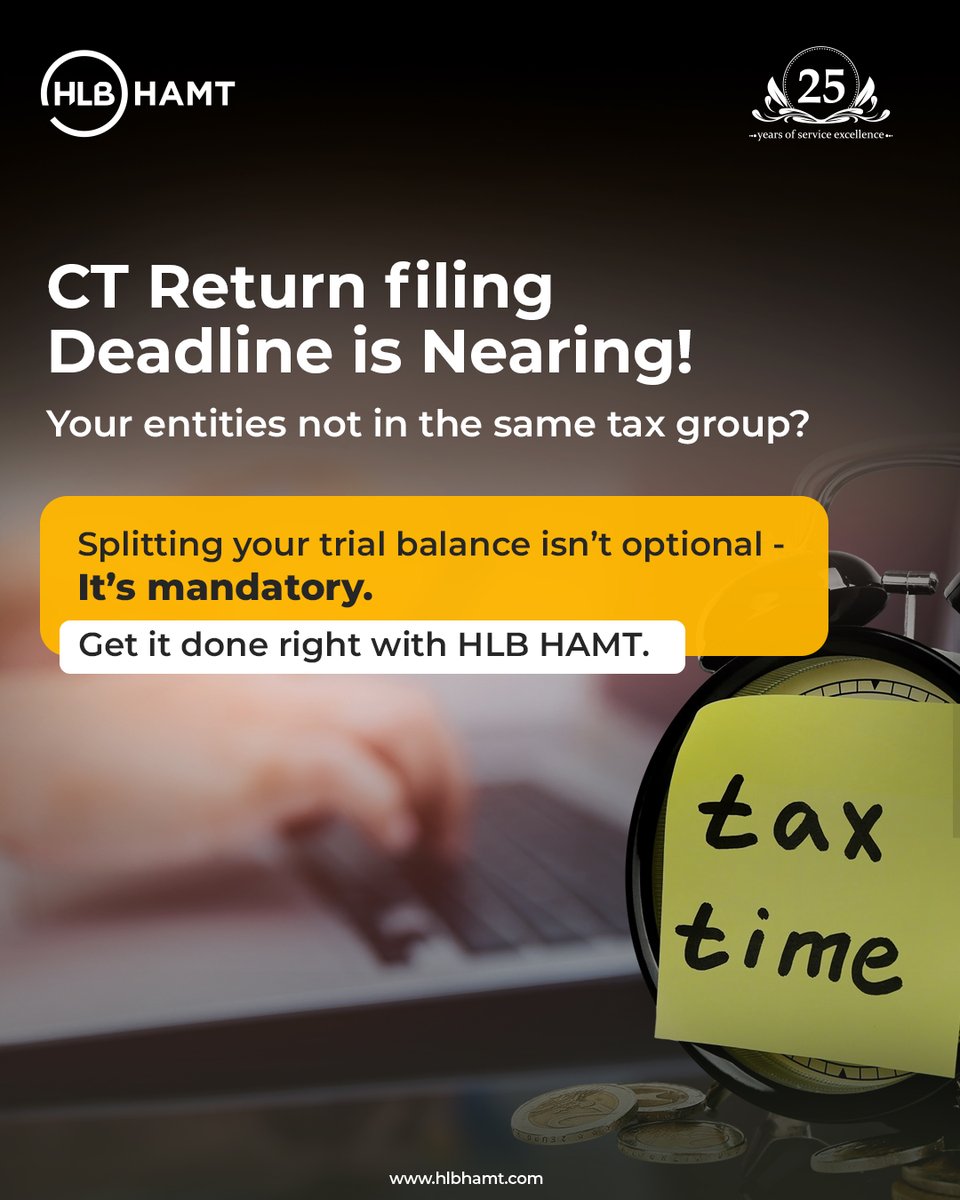 Not eligible for CT Grouping but preparing for the #CTreturn deadline. 
hlbhamt.com/services/assis…

With the deadline approaching on Sept 30, accuracy is key. #HLBHAMT’s #accounting experts ensure your records are properly split and CT returns filed on time and in full #compliance.