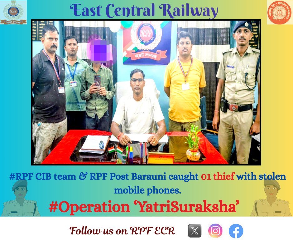 Alert #RPF CIB team and Barauni Post at Barauni Railway Station nabbed 01 TOPB criminal and recovered 01 stolen mobile.  

Swift action ensured recovery of stolen property &amp; registration of the case.  
#PassengerSecurity #ECR #CrimeControl
<a href="/RPF_INDIA/">RPF INDIA</a>