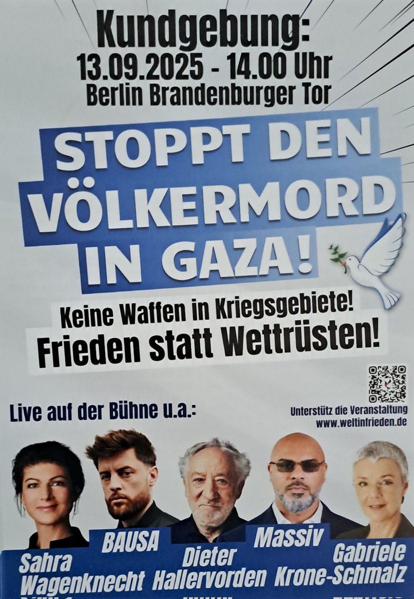 Kommt alle am 13. September nach Berlin! Wir sehen uns auf der Straße!

#BSW #b1309 #Berlin #Gaza #Friedenstüchtig