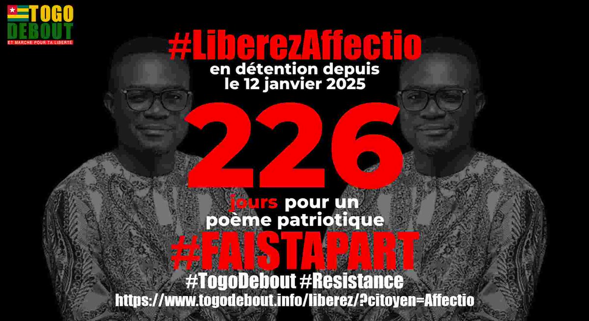 elomekoue's tweet photo. Libérez Affectio / Free Affectio
Affectio est arbitrairement detenu depuis 226 jours
https://t.co/5E41U26RHo
#LiberezLesPrisonniersPolitiques
#LiberezAffectio #FreeAffectio
#FreeTogo
#TogoDebout
#FaureMustGo https://t.co/AJFQBiyI0M
