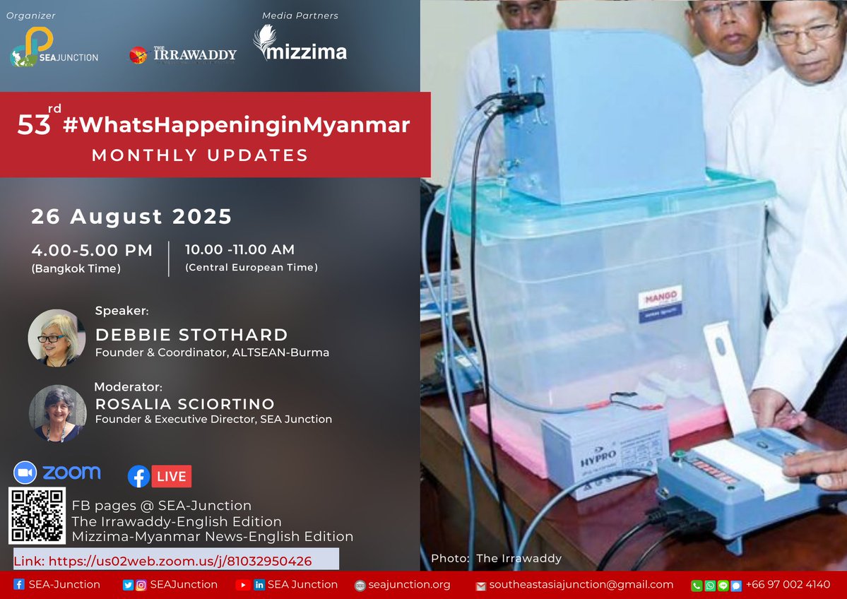 SEA Junction (@seajunction) on Twitter photo #HappeningToday
#OnlineEvent
Please join us 53rd #WhatsHappeningInMyanmar Monthly Updates today at 4:00 PM – 5:00 PM (Bkk time) via Zoom: us02web.zoom.us/j/81032950426 or watch Live on Facebook:
<a href="/MizzimaNews/">Mizzima News</a>
SEA-Junction <a href="/IrrawaddyNews/">The Irrawaddy (Eng)</a>
Hope to see you online this afternoon. #HappeningToday
#OnlineEvent
Please join us 53rd #WhatsHappeningInMyanmar Monthly Updates today at 4:00 PM – 5:00 PM (Bkk time) via Zoom: us02web.zoom.us/j/81032950426 or watch Live on Facebook:
<a href="/MizzimaNews/">Mizzima News</a>
SEA-Junction <a href="/IrrawaddyNews/">The Irrawaddy (Eng)</a>
Hope to see you online this afternoon.