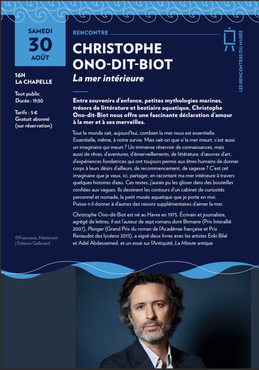 C_Ono_dit_Biot's tweet photo. Heureux de vous retrouver samedi prochain, le 30 août, dans la beauté des @Franciscaines_ de @DeauvilleFr Deauville, pour réveiller les liens qui nous unissent à la #mer et à son imaginaire en mots et en images !
#MerInterieure #mer #ocean #deauville #lesfranciscaines #normandie https://t.co/zrJyC7bfCn