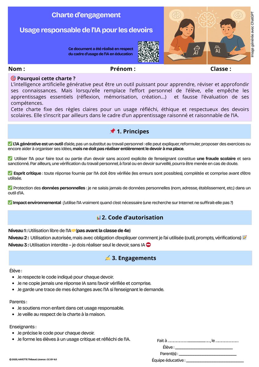 Je viens de finaliser un flyer à destination de mes élèves et de leurs parents pour la rentrée. J'envisage de le proposer aux collègues qui seraient également intéressés. Il s'agit d'un pacte encadrant l'utilisation de l'IA pour les devoirs à la maison. 
Qu'en pensez-vous ?