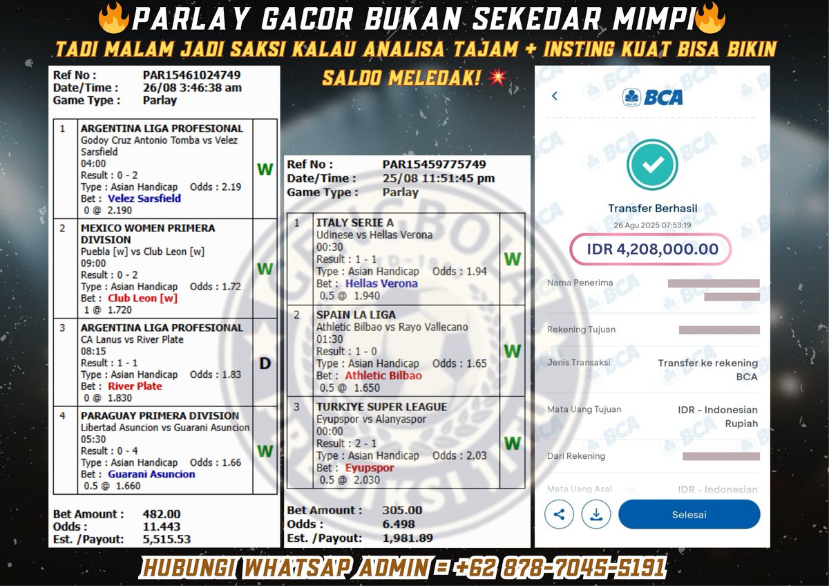 ekorqq_'s tweet photo. ⚽️ TADI MALAM PARLAY NYANTOL SEMUA! ⚽️
Gak ada yang lebih satisfying dari ngeliat semua tim pilihan menang tepat sesuai prediksi 💸
Hubungi Whatsap Admin : +62 878-7045-5191
#gengbola #bandarbola #beritabola #bolaindonesia #championsleague #prediksiskorbola #viral #fyp #prediksi https://t.co/kjlcA0DI9u