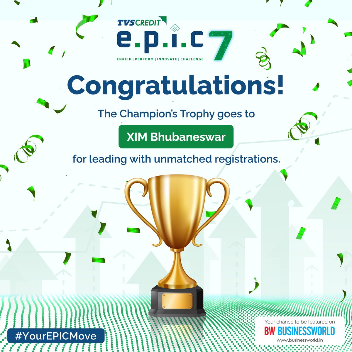 TVSCredit's tweet photo. Congratulations to XIM Bhubaneswar for winning the Champions Trophy at TVS Credit EPIC 7.0!

With the highest registrations across all tracks, the campus has set a stellar benchmark for participation and excellence. 

#YourEPICMove #TVSCreditEPIC7 #EPIC7 #TVSCredit #ChampionsTrophy