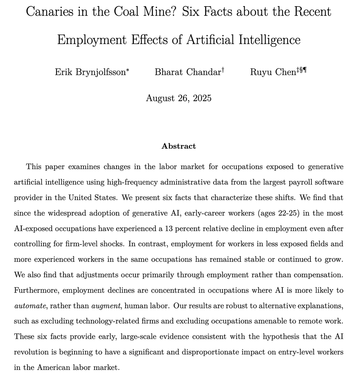 Bharat Chandar (@econ_b) on Twitter photo Is AI already impacting the job market?
A new paper from me, <a href="/erikbryn/">Erik Brynjolfsson</a>, and <a href="/RuyuChen/">Ruyu Chen</a> at <a href="/DigEconLab/">Stanford Digital Economy Lab</a> digs into data from ADP.
We find some of the ***first large-scale evidence of employment declines for entry-level workers in AI-exposed jobs.***
A thread on our paper: Is AI already impacting the job market?
A new paper from me, <a href="/erikbryn/">Erik Brynjolfsson</a>, and <a href="/RuyuChen/">Ruyu Chen</a> at <a href="/DigEconLab/">Stanford Digital Economy Lab</a> digs into data from ADP.
We find some of the ***first large-scale evidence of employment declines for entry-level workers in AI-exposed jobs.***
A thread on our paper:
