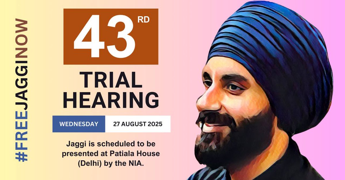 2853 DAYS IN DETENTION

Tomorrow, Wednesday 27 August 2025 will see Jaggi being presented at Patiala House court in Delhi in what will be his 43rd trial hearing.

#FreeJaggiNow