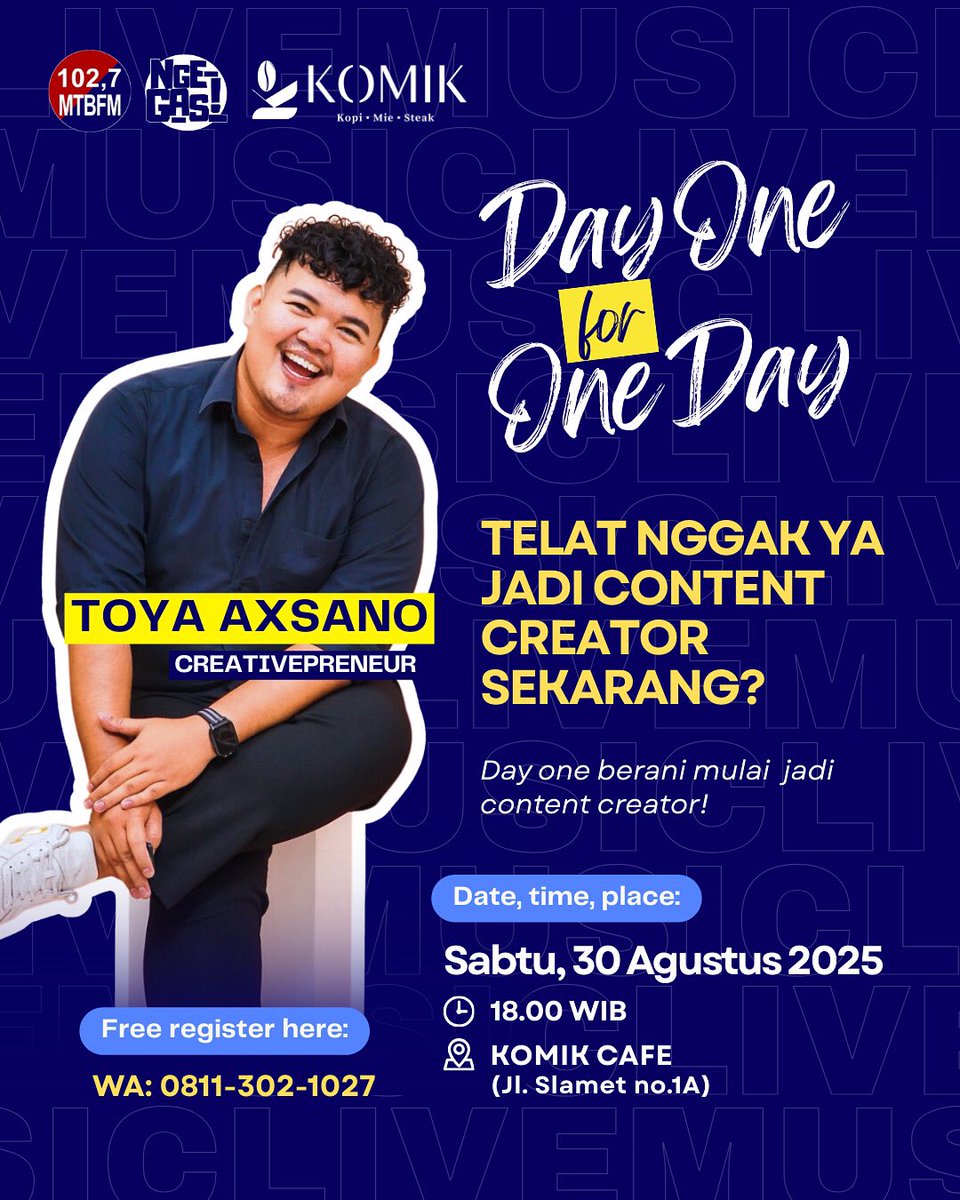 mtbfmsurabaya's tweet image. Sobat MTB, yuk ikutan kelas “Day One for One Day” bareng Toya Axsano, creativepreneur kece yang bakal sharing gimana cara mulai bikin konten, nemuin gaya sendiri, dan tetap konsisten tanpa harus insecure!

#freeclass #contentcreator #contentcreatortips #contentcreationworkshop