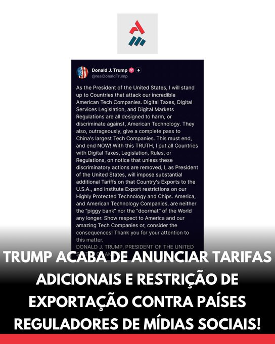 ArleteCaetum's tweet photo. Trump anunciou tarifas contra países que regulam redes sociais. Se o Brasil insistir em censura, vai pagar caro. 💸
Mais uma vez, quem sofre é o povo. https://t.co/b8kw6q4px4