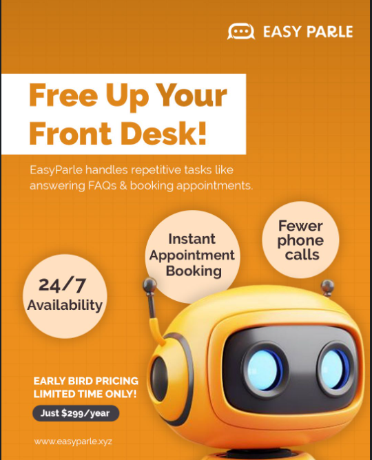 scienstech's tweet image. Tired of endless calls at your front desk?
Easy Parle handles it all:
✅ 24/7 booking
✅ Automated FAQs
✅ Fewer calls for your team
Early Bird: Just $299/yr!
easyparle.xyz
#BusinessEfficiency #EasyParle #Automation #AppointmentBooking #ProductivityTools