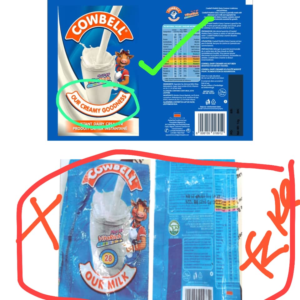HealthAmebo's tweet image. ‼️‼️‼️‼️
*Beware of FAKE COWBELL sachet milk in circulation*
‼️‼️‼️
NAFDAC has released report of fake Cowbell milk sachets in circulation. 
The Original sachet has the new revised artwork "OUR CREAMY GOODNESS"
The fake still has the old artwork 'OUR MILK'