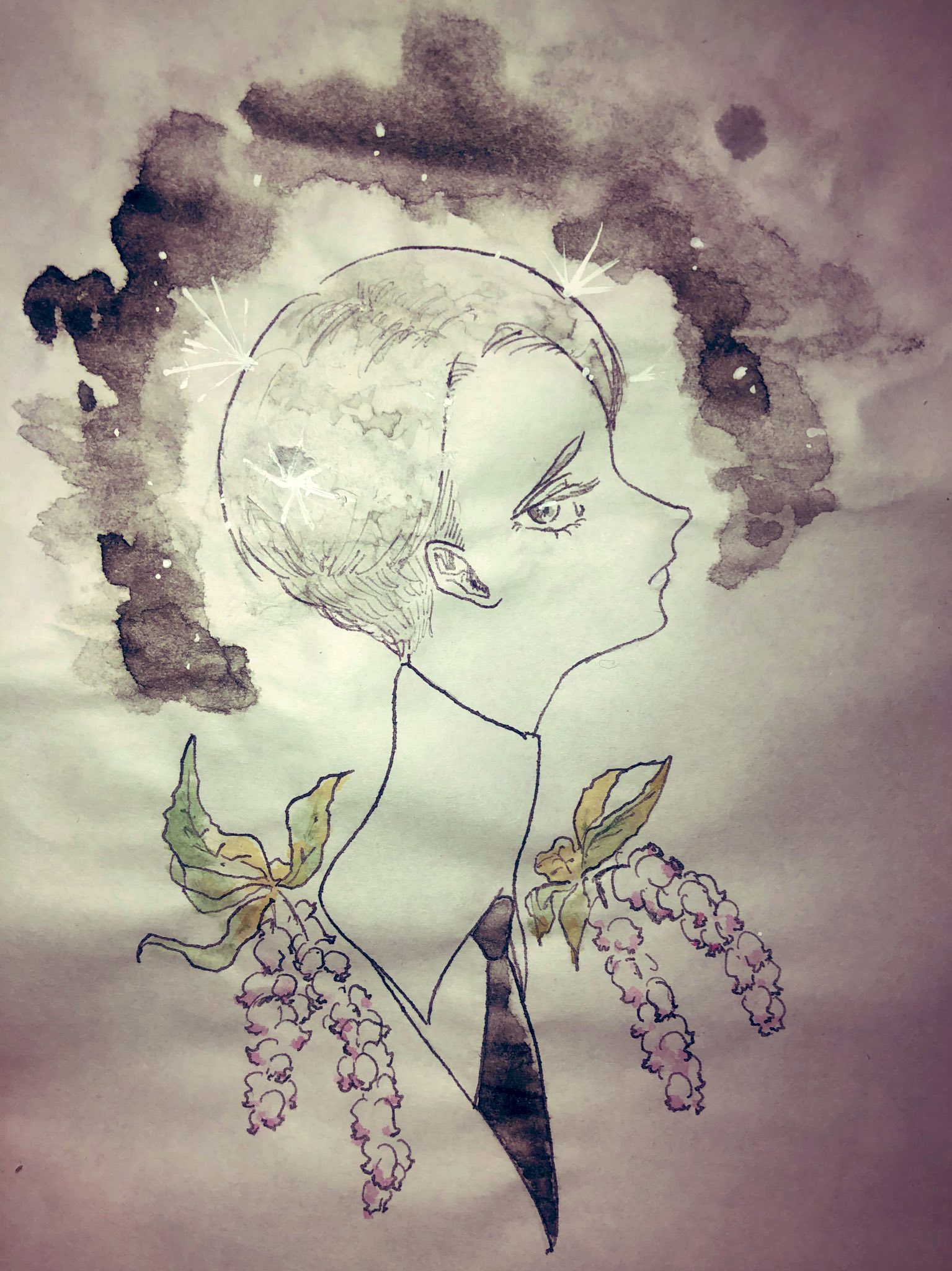 水彩画(サンダーソニア)　原画マットあり　おまとめ２点 水彩画(サンダーソニア) 原画マットあり おまとめ2点 水彩画