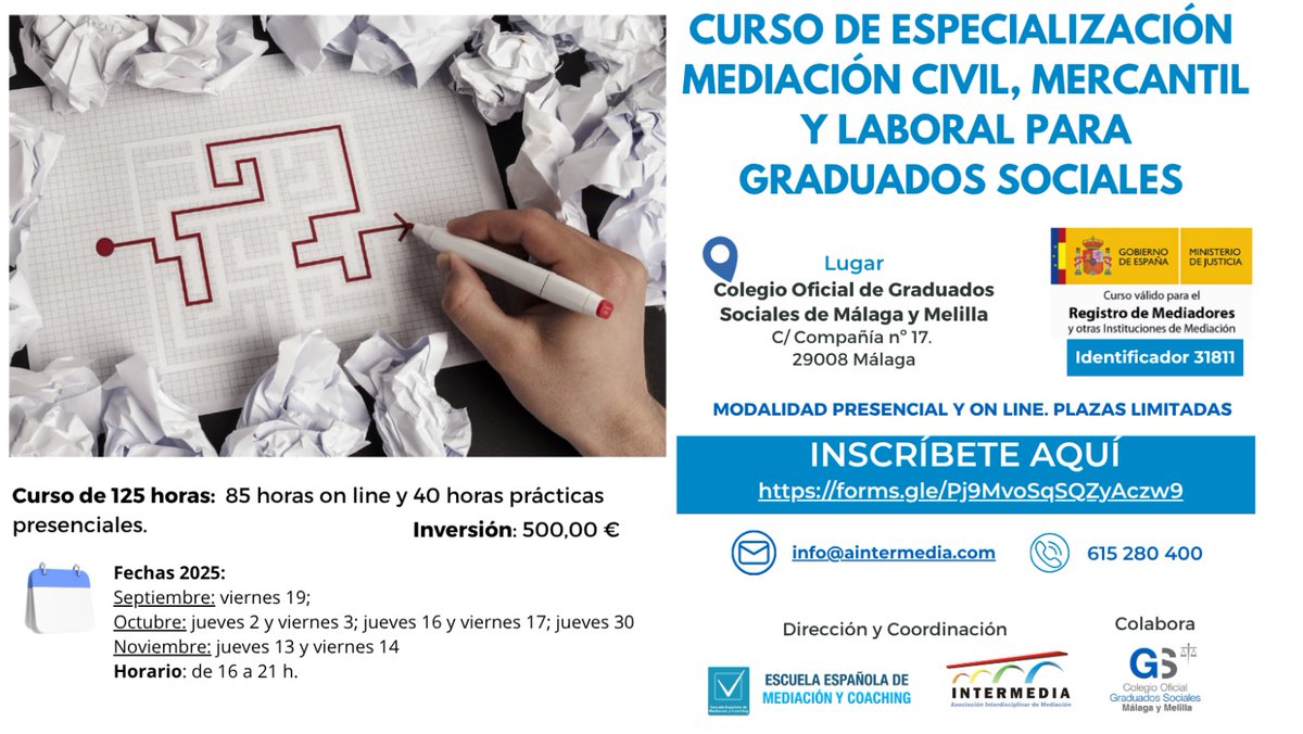 🎓 ¡Fórmate como mediador/a especializado/a!
El Colegio Oficial de Graduados Sociales de Málaga y Melilla lanza el Curso de Especialización en Mediación Civil, Mercantil y Laboral, dirigido a Graduados Sociales 👩‍⚖️👨‍⚖️

📌 Modalidad mixta: presencial + online
📅 Fechas: desde el 19
