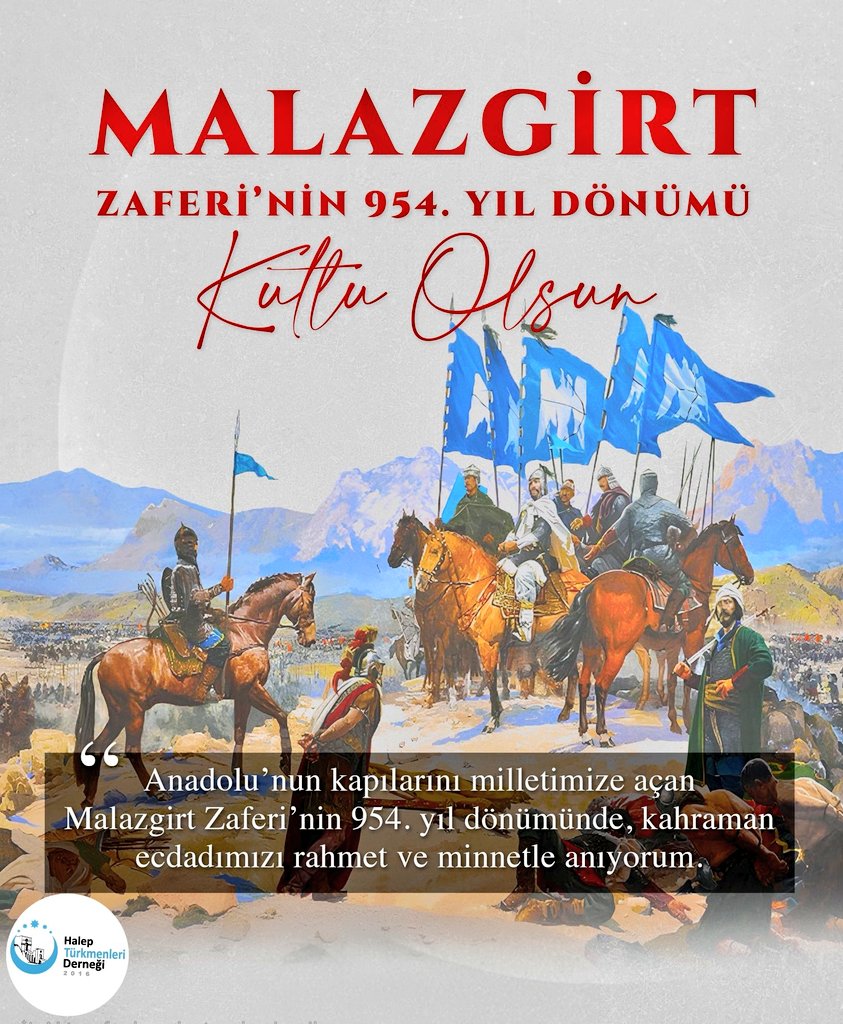 Ecdada Rahmet, Minnet ve Saygı ile.

Türk tarihinin dönüm noktalarından biri olan 1071 Malazgirt Zaferi’nin 954. yıl dönümünü büyük bir gurur ve iftiharla kutluyoruz.
Aziz ecdadımızın iman, cesaret ve fedakârlıkla kazandığı bu zafer, bizlere sadece bir toprak değil; bir vatan,