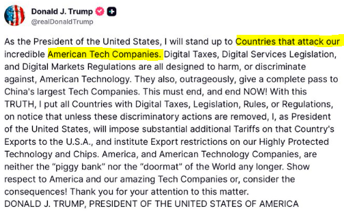 Trump says countries are “attacking our tech companies” with digital taxes, threatening tariffs and bans. Yet he stayed silent when Russia attacked one of our tech companies by dropping bombs on it.